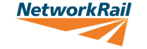 NetworkRail logo with orange paper aeroplanes beneath the blue wordmark