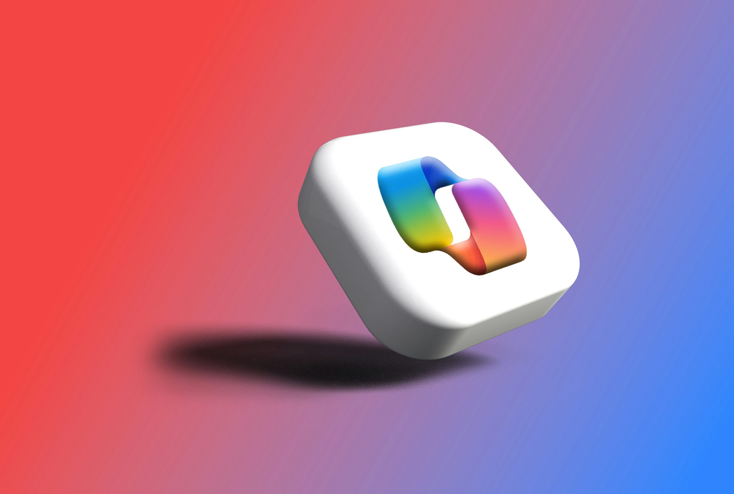 3D white rounded tile featuring a multicoloured interlocking loop logo against a red-to-blue gradient background