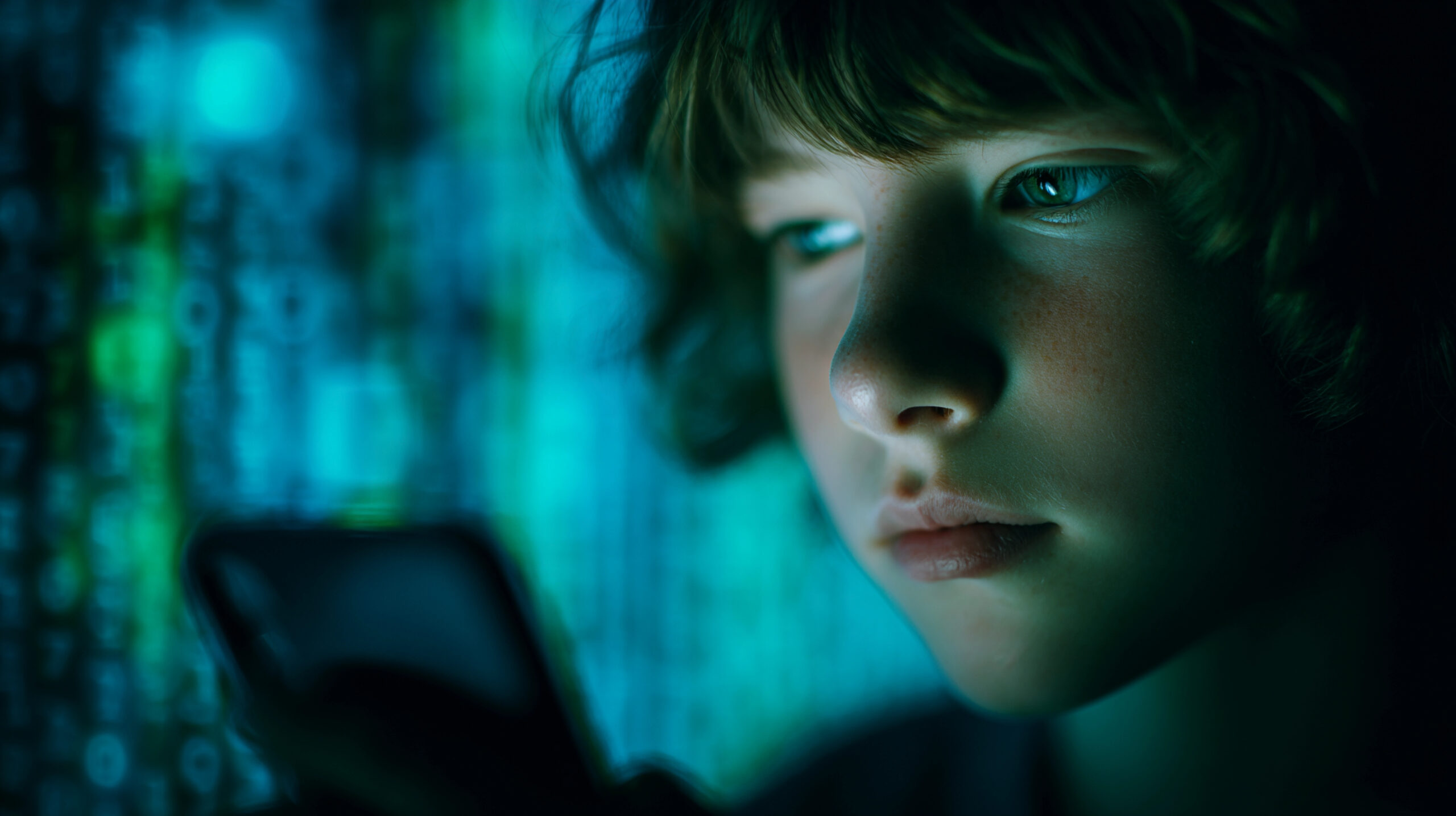 A young boy scrolling through social media on his phone, highlighting how misogyny in schools can start with online influencers like Andrew Tate.