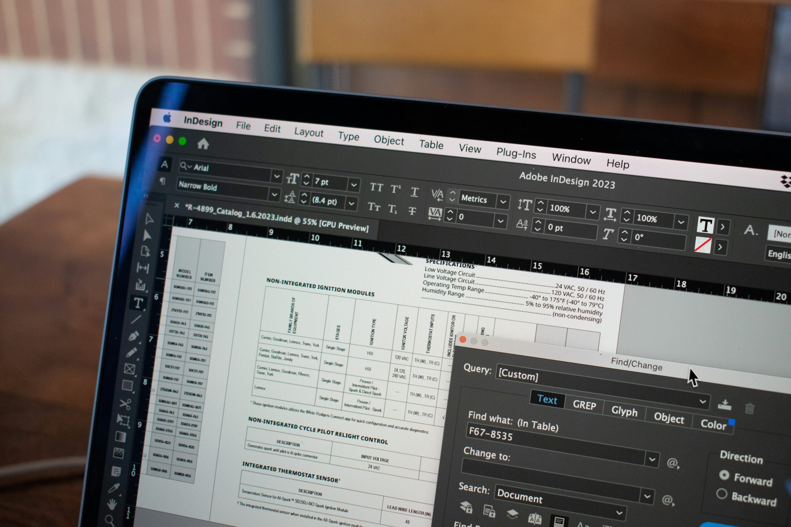 Adobe InDesign displays a technical catalogue page with the Find/Change panel open