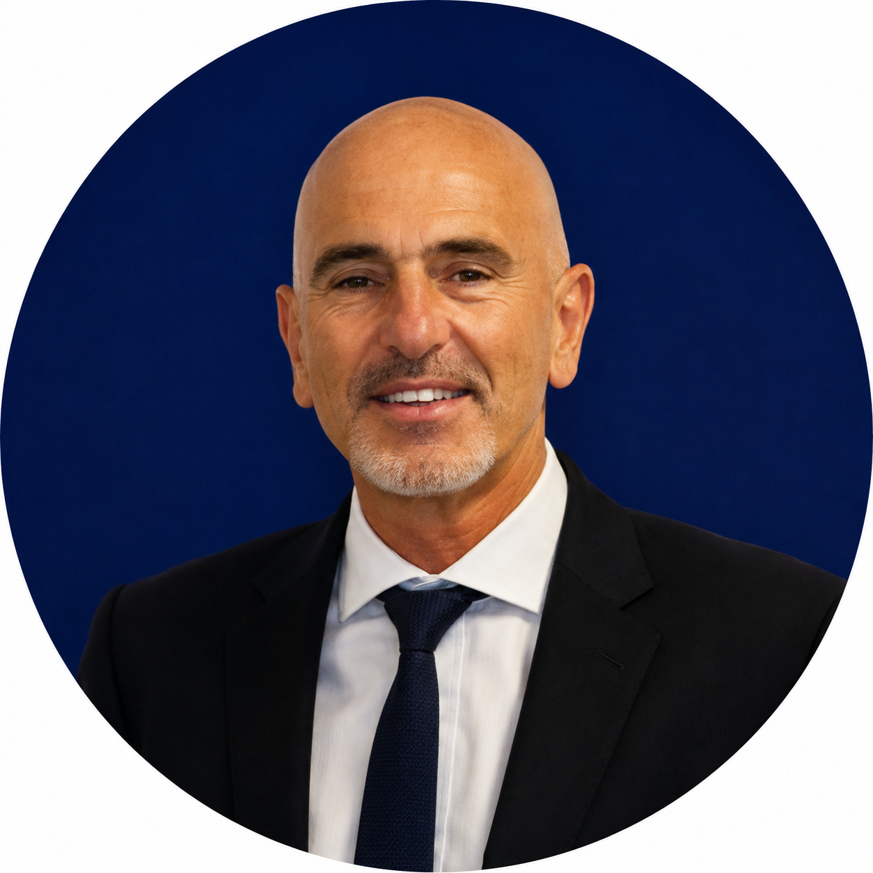 Smiling bald man with a goatee wearing a black suit, white shirt and navy tie against a dark blue background