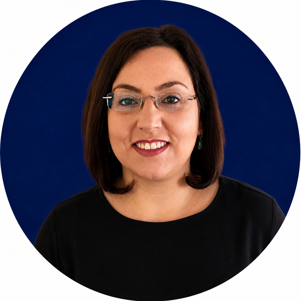 Smiling woman with dark hair and glasses, wearing a black top against a dark blue background